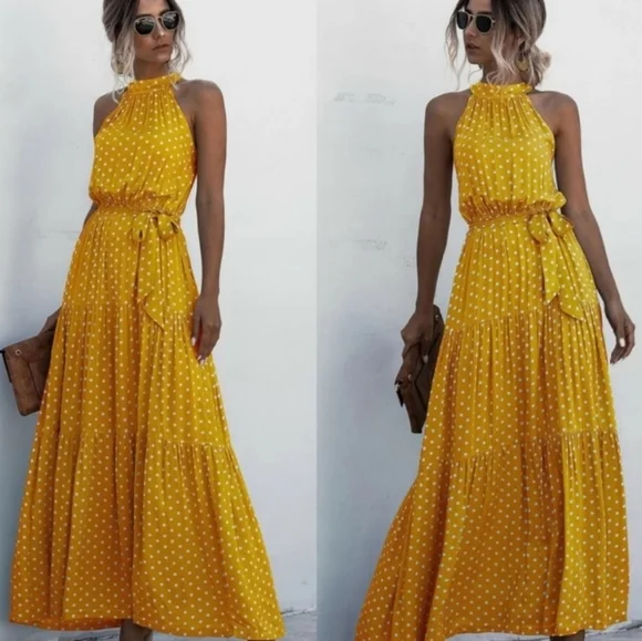 Kara and Kate halter neckline elastic waist maxi dress gold, white polka dots L - Picture 7 of 7